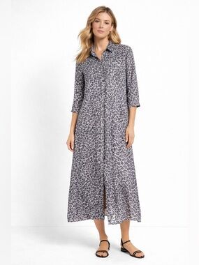 J. McLaughlin Silk Blend Leopard Button Up Shirt Dress XL Gray Animal Print Midi